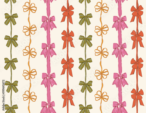 Trendy Seamless pattern of  Coquette bows Vector Illustration Hand drawn ribbon background.