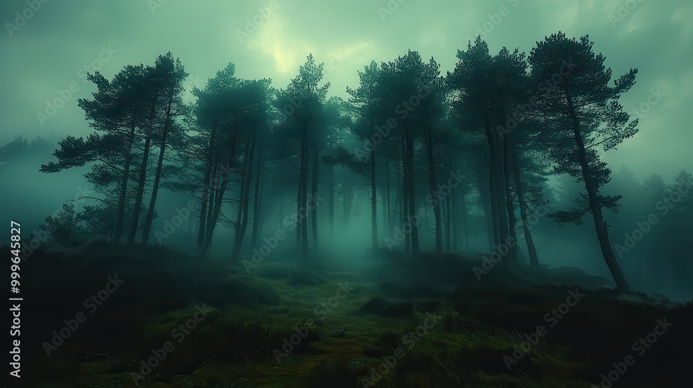 Naklejka premium Ethereal Foggy Forest Scene at Dusk