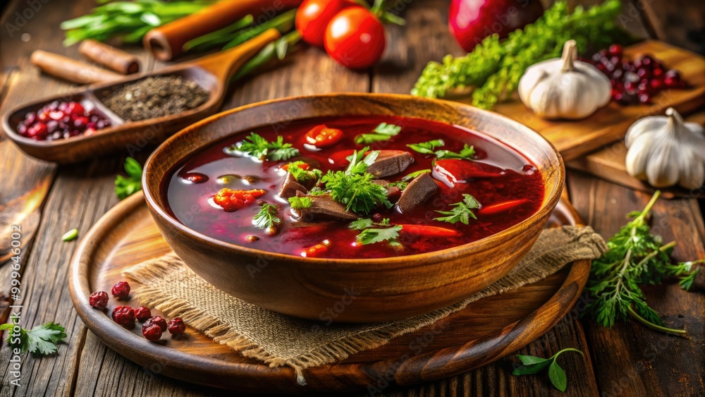 Rich duck blood soup topped with aromatic herbs and spices creates a delightful dish on a rustic wooden table, beckoning comfort and flavor. Rich duck blood soup topped with aromatic herbs and spices creates a delightful dish on a rustic wooden table, beckoning comfort and flavor.