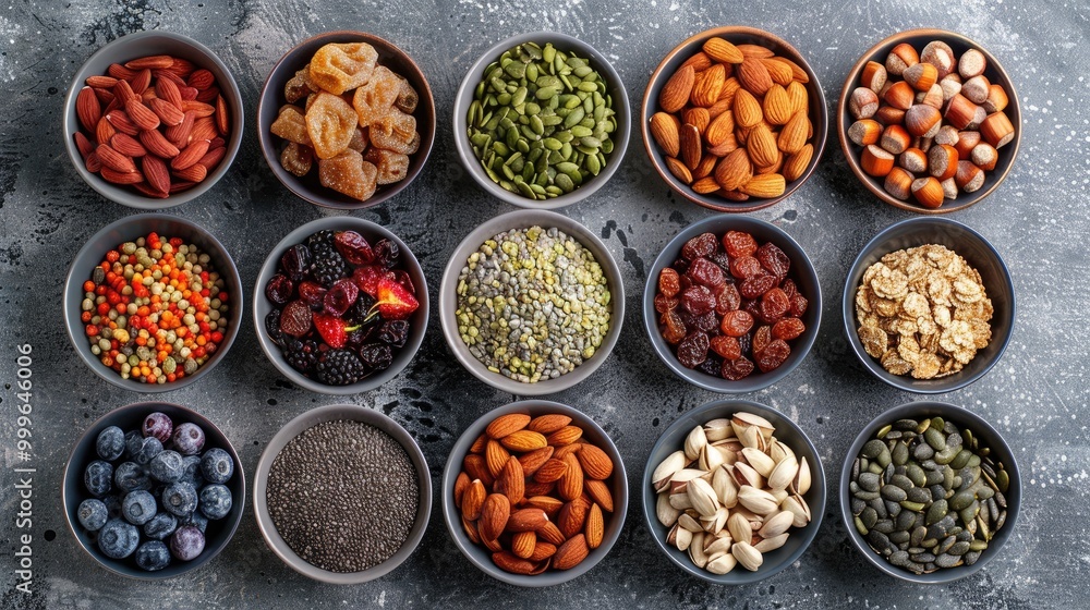 Assortment of dried fruits, nuts, and seeds in small bowls on a gray background. Assortment of dried fruits, nuts, and seeds in small bowls on a gray background.