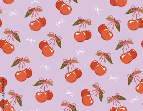 Trendy Seamless pattern of  Cherry Coquette bows Vector Illustration Hand drawn ribbon background.