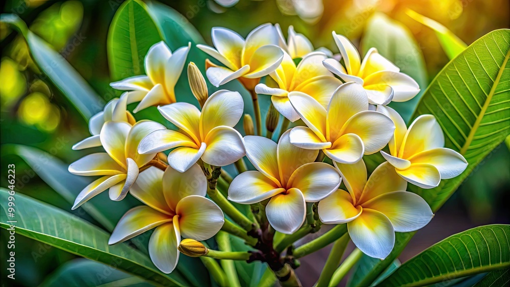 Fototapeta premium Radiant plumeria alba flowers showcase vivid yellow and white petals, contrasted beautifully against a dreamy, blurred green background, evoking a sense of tropical tranquility.