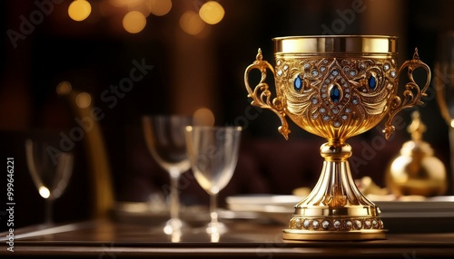 A golden goblet encrusted with jewels, placed on a regal dining table, royal luxury