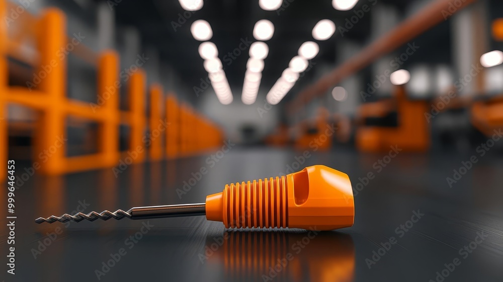 Close-up of an orange drill bit on a dark workshop floor, blurred background. Close-up of an orange drill bit on a dark workshop floor, blurred background.