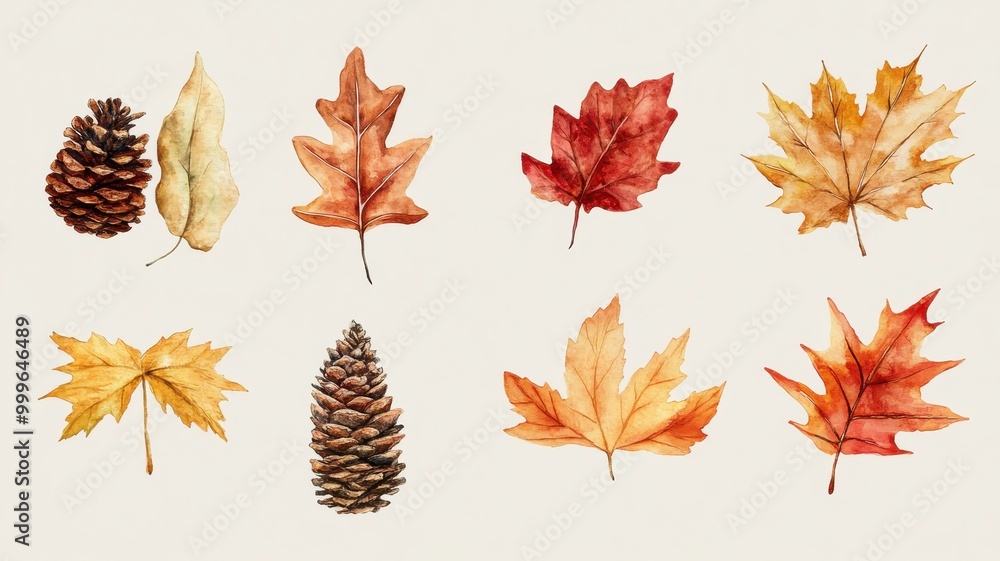 Fototapeta premium Watercolor Autumn hand painted pine cone,autumn leaves,dry leaves,watercolor botanical illustration,For fall autumn season,fall hand drawing,Floral illustrations for logo,invitation,nature elements.
