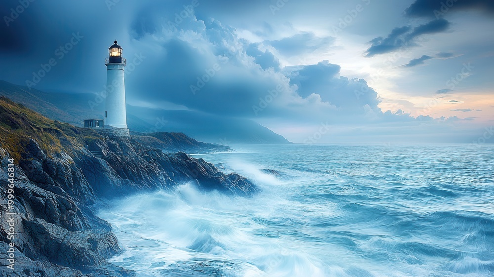Serene Lighthouse Overlooking Dramatic Ocean Waves Serene Lighthouse Overlooking Dramatic Ocean Waves