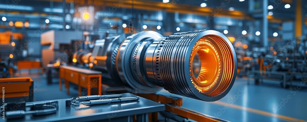 Close-up of a detailed industrial machine part in a vibrant factory setting. Close-up of a detailed industrial machine part in a vibrant factory setting.