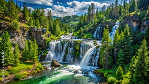 Majestic waterfalls flow gracefully through Idaho's lush green forests, showcasing the stunning beauty of the state's vibrant natural landscape and captivating scenery.