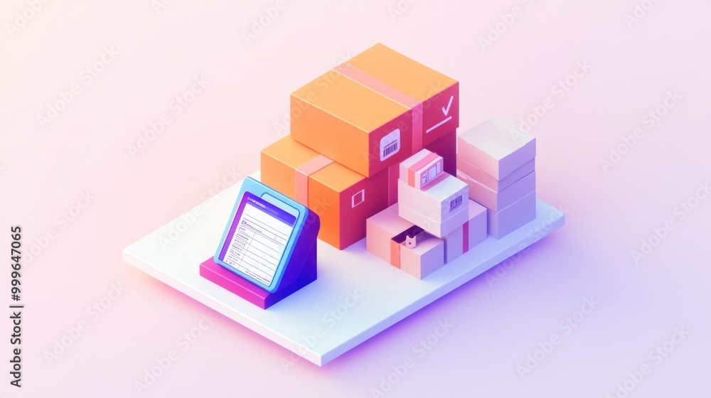 A stylized representation of shipping boxes and a tablet for inventory management. A stylized representation of shipping boxes and a tablet for inventory management.