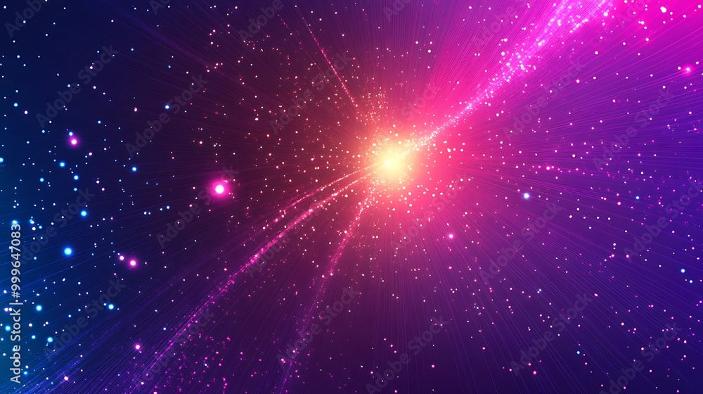 Abstract background with bright glowing light streaks and sparkling particles on a dark blue and pink gradient. Abstract background with bright glowing light streaks and sparkling particles on a dark blue and pink gradient.