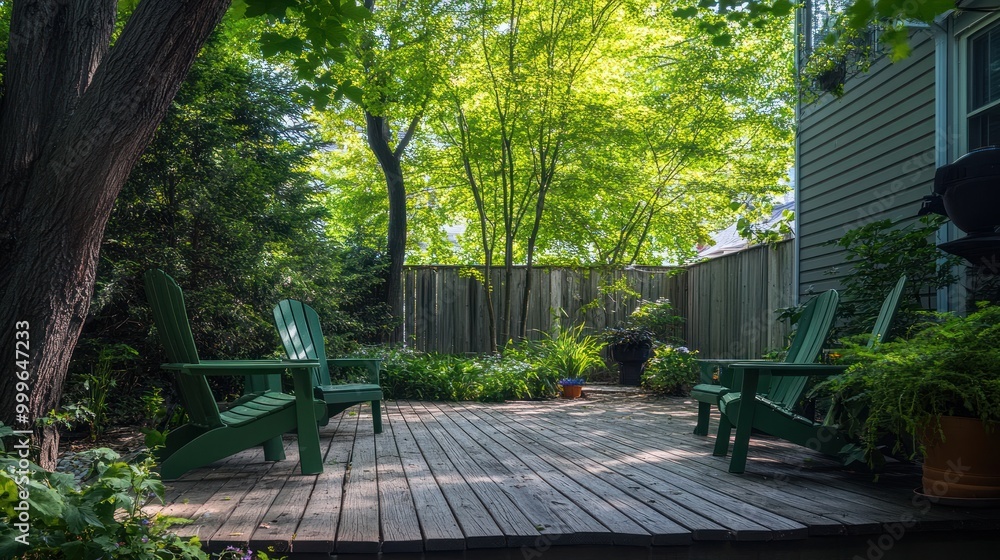 A serene outdoor deck surrounded by lush greenery and trees, perfect for relaxation. A serene outdoor deck surrounded by lush greenery and trees, perfect for relaxation.