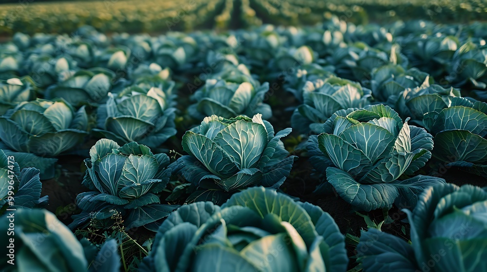 Obraz premium Vitamin and mineral rich green cabbage on a rural field ready for gathering