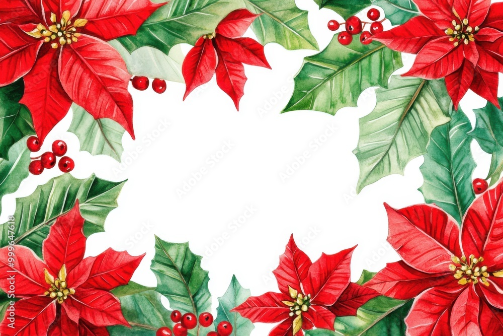 Festive christmas poinsettia and holly frame for holiday design Festive christmas poinsettia and holly frame for holiday design