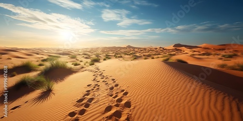 Serene desert landscape with sand dunes, sparse vegetation and shadows with an open sky. Perfect for text inserts. Ideal for ads, posters or banners to create a sense of solitude and stillness. photo