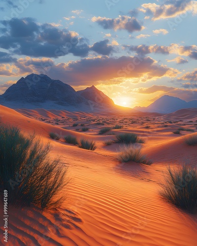 Serene desert landscape with sand dunes, sparse vegetation and shadows with an open sky. Perfect for text inserts. Ideal for ads, posters or banners to create a sense of solitude and stillness. photo