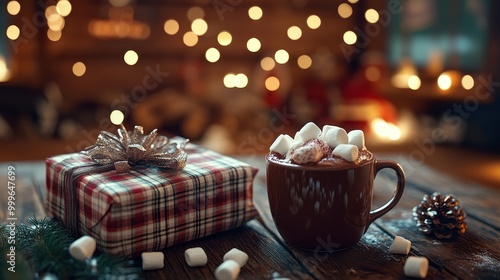 Cozy Christmas Atmosphere with Present and Hot Cocoa