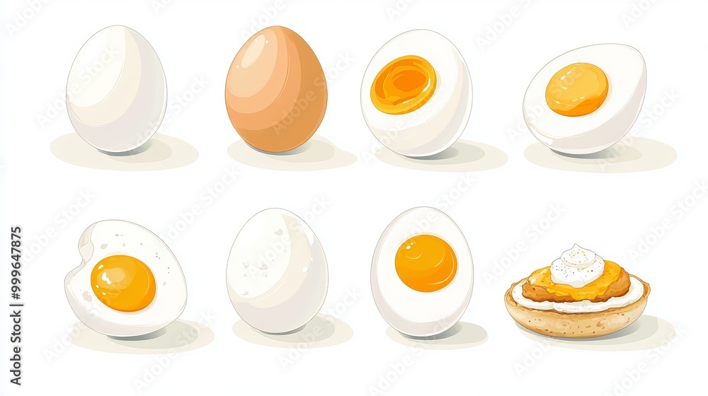 A set of chicken white eggs, including soft-boiled, raw, whole, yolk, Benedict, and fried organic eggs. Vector illustrations in a flat style, isolated. A set of chicken white eggs, including soft-boiled, raw, whole, yolk, Benedict, and fried organic eggs. Vector illustrations in a flat style, isolated.