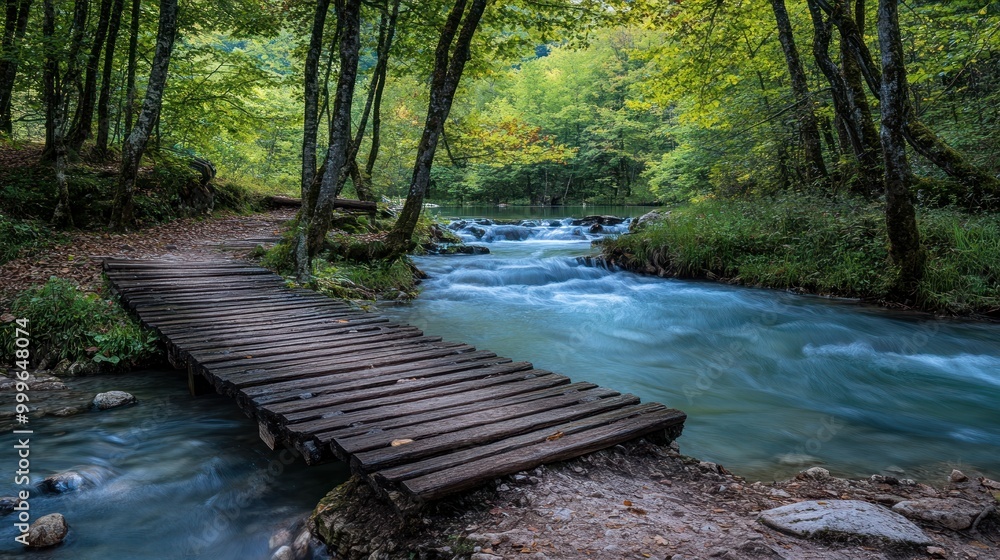 Naklejka premium A serene wooden bridge over a flowing river surrounded by lush green trees.