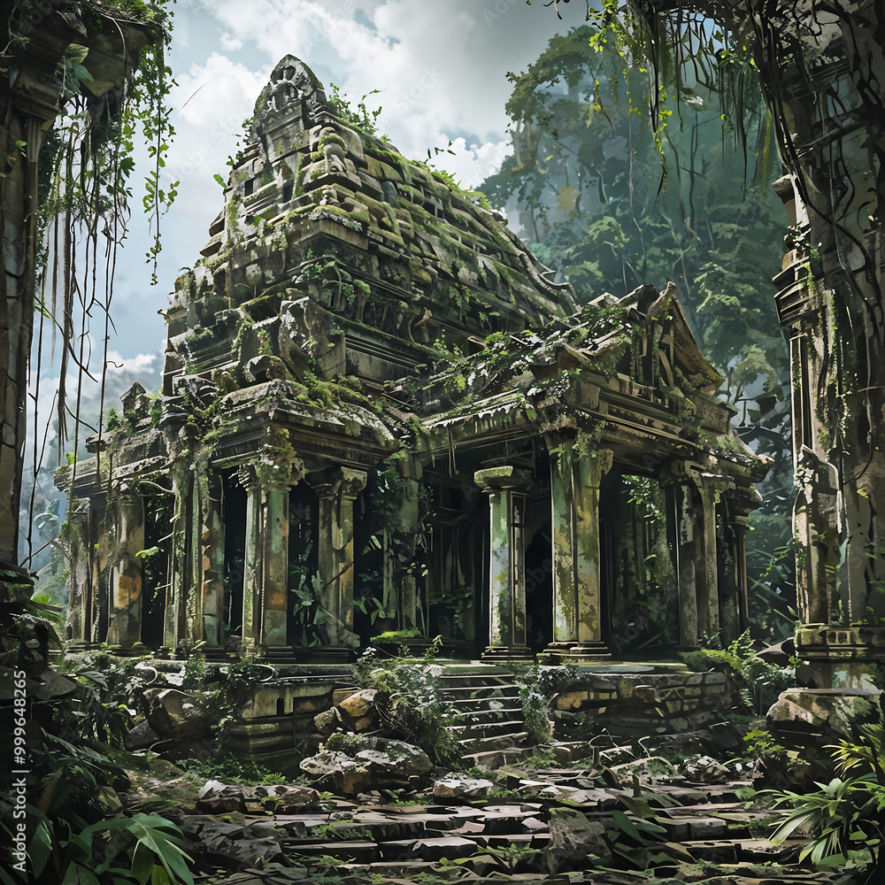An ancient temple hidden in a jungle, overgrown with vines and moss. An ancient temple hidden in a jungle, overgrown with vines and moss.
