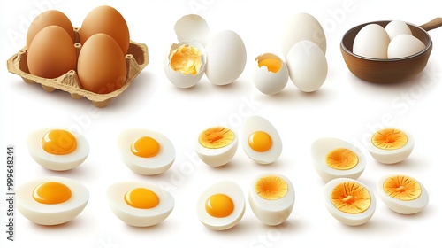 A collection featuring whole, half, sliced, and broken eggs, including raw, fried, and boiled varieties. The display showcases cracked eggs with yolks, presented in a cardboard tray photo