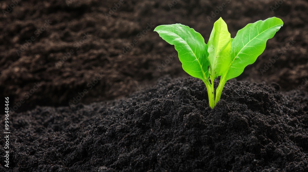 Naklejka premium A young green plant emerges from dark, rich soil, symbolizing growth and new beginnings in nature.