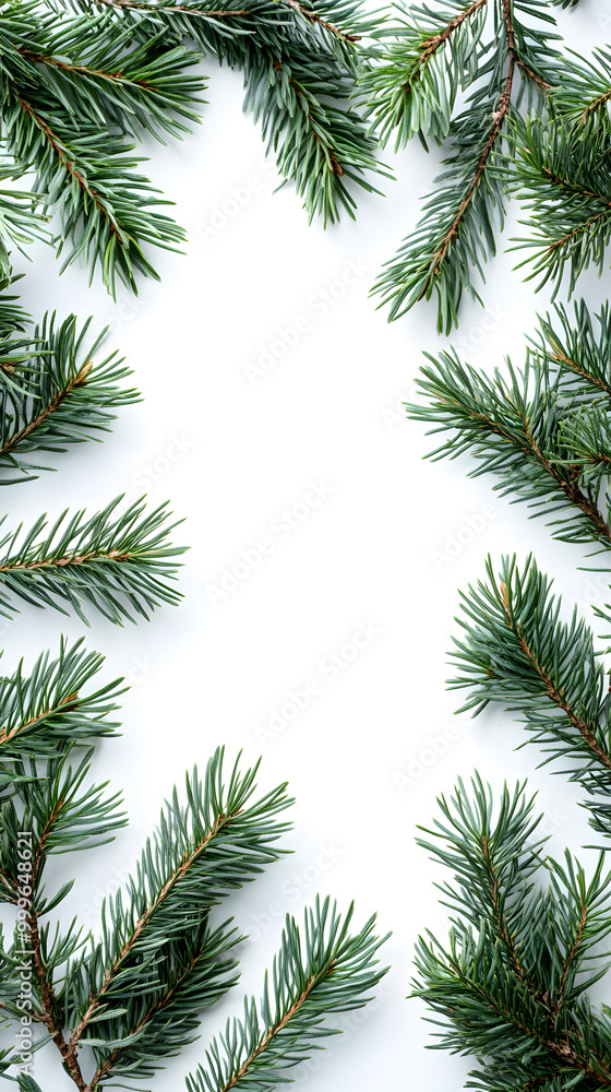 Decorative border frame with evergreen pine branches isolated on white background with copy space for text Decorative border frame with evergreen pine branches isolated on white background with copy space for text