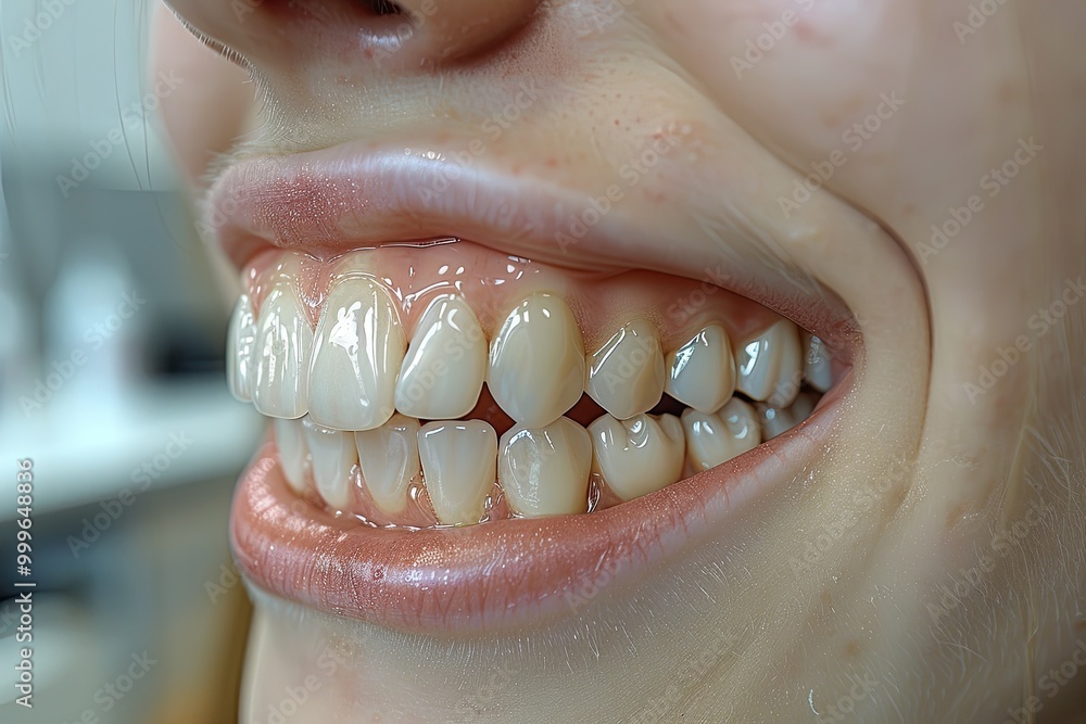 Obraz premium A close-up of a patient's bright white teeth with a slight smile