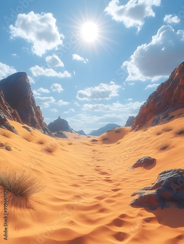 Serene desert landscape with sand dunes, sparse vegetation and shadows with an open sky. Perfect for text inserts. Ideal for ads, posters or banners to create a sense of solitude and stillness. photo