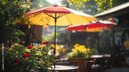 Wallpaper Mural A cozy outdoor café scene with colorful umbrellas and blooming flowers. Torontodigital.ca