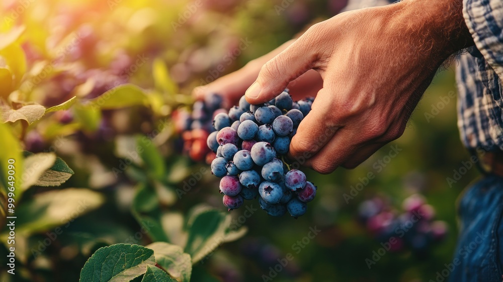 Fototapeta premium A hand picking ripe blueberries in a lush field during sunset.