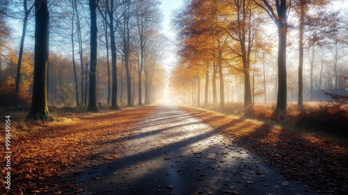 A serene autumn landscape with a misty path lined by trees and fallen leaves.