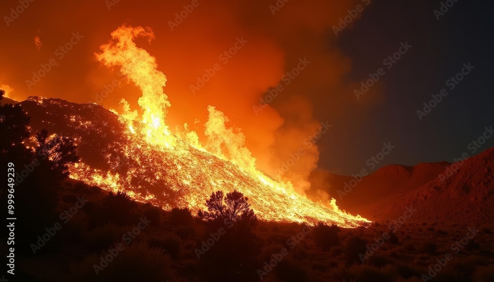 Wildfire engulfs mountainous terrain under night sky Wildfire engulfs mountainous terrain under night sky