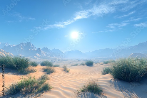 Serene desert landscape with sand dunes, sparse vegetation and shadows with an open sky. Perfect for text inserts. Ideal for ads, posters or banners to create a sense of solitude and stillness. photo