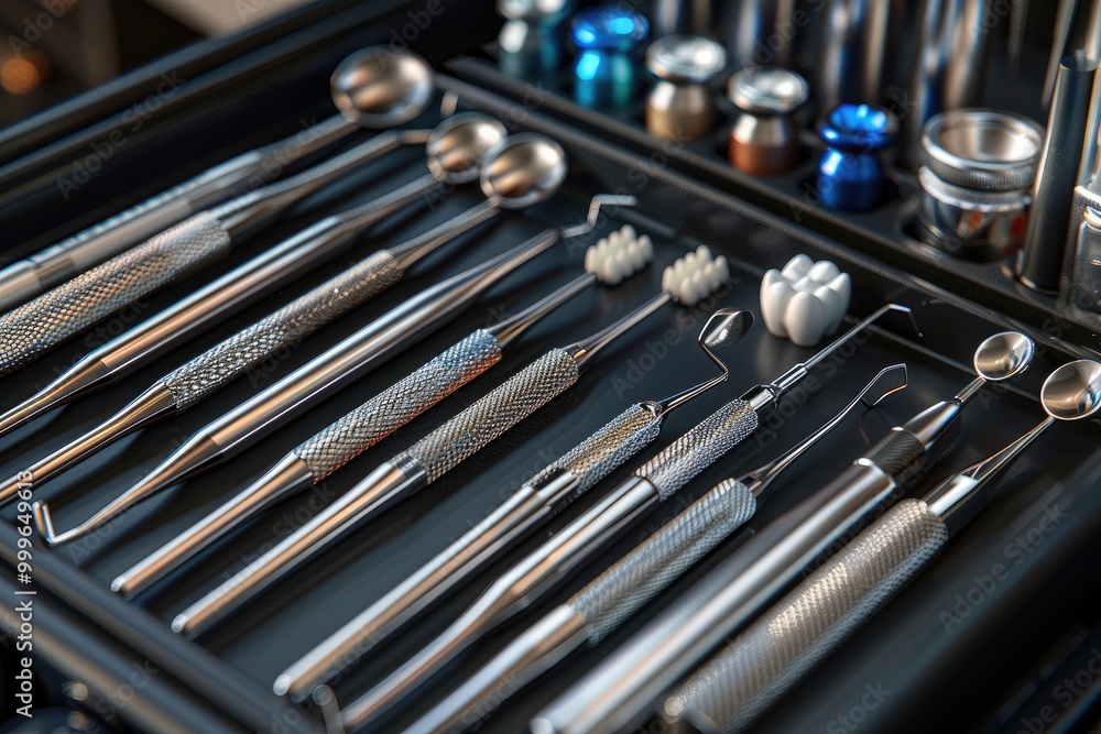 A close-up of a mockup tooth and dental tools on a trolley A close-up of a mockup tooth and dental tools on a trolley