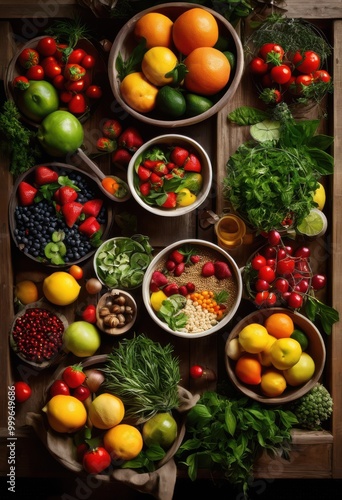 vibrant display fresh ingredients artistically arranged organized containers colorful culinary presentation, vegetables, herbs, fruits, spices, jars