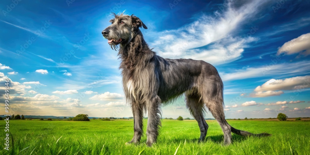 Fototapeta premium In a lush green meadow, a proud black Irish Wolfhound stands tall, basking in the warmth of the sun under a brilliant blue sky.