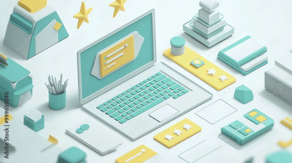A 3D illustration of a workspace featuring a laptop, books, and various office supplies. A 3D illustration of a workspace featuring a laptop, books, and various office supplies.