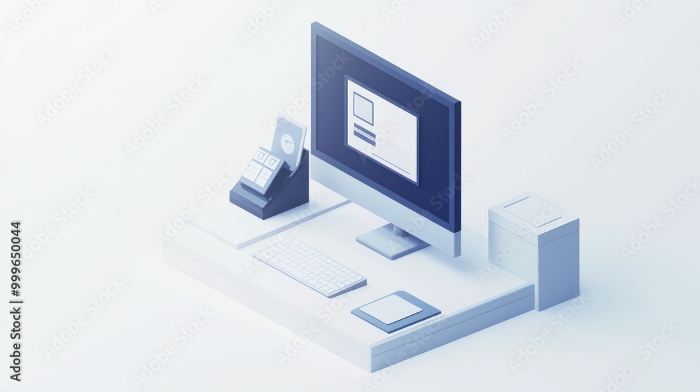 A minimalist office setup featuring a computer, keyboard, and a phone. A minimalist office setup featuring a computer, keyboard, and a phone.