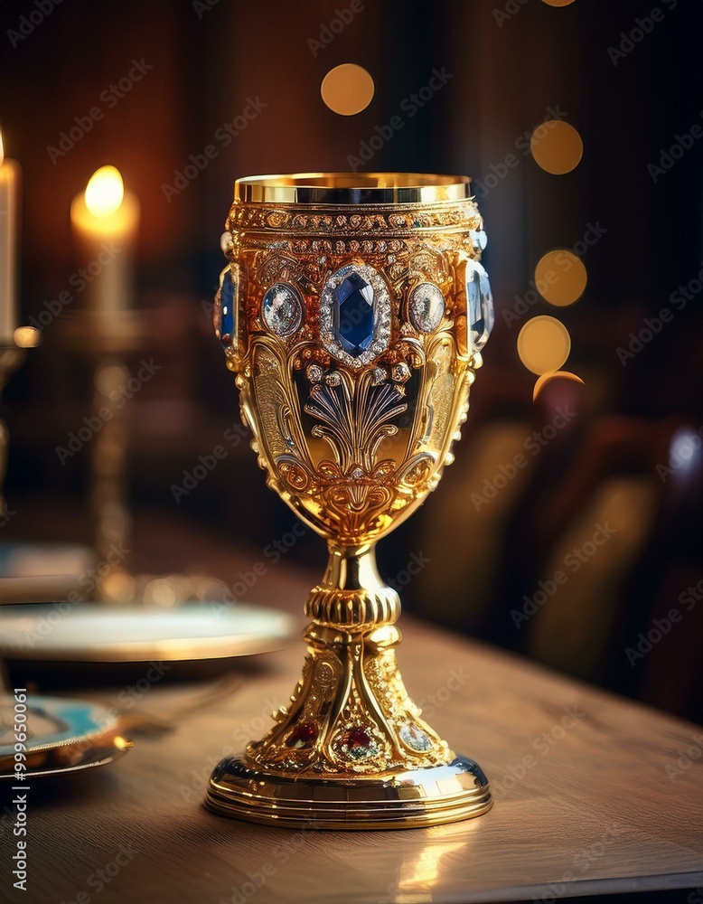 A golden goblet encrusted with jewels, placed on a regal dining table, royal luxury wealth card A golden goblet encrusted with jewels, placed on a regal dining table, royal luxury wealth card