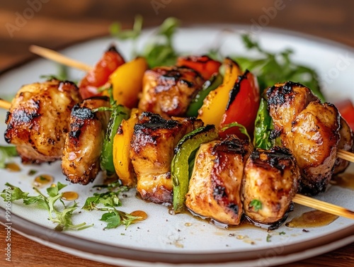 Delicious honey chicken skewers, juicy and slightly charred, on a plate.
