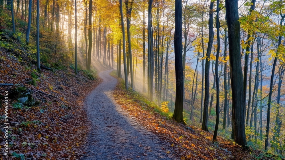 Obraz premium A serene forest path surrounded by autumn foliage and soft morning light.