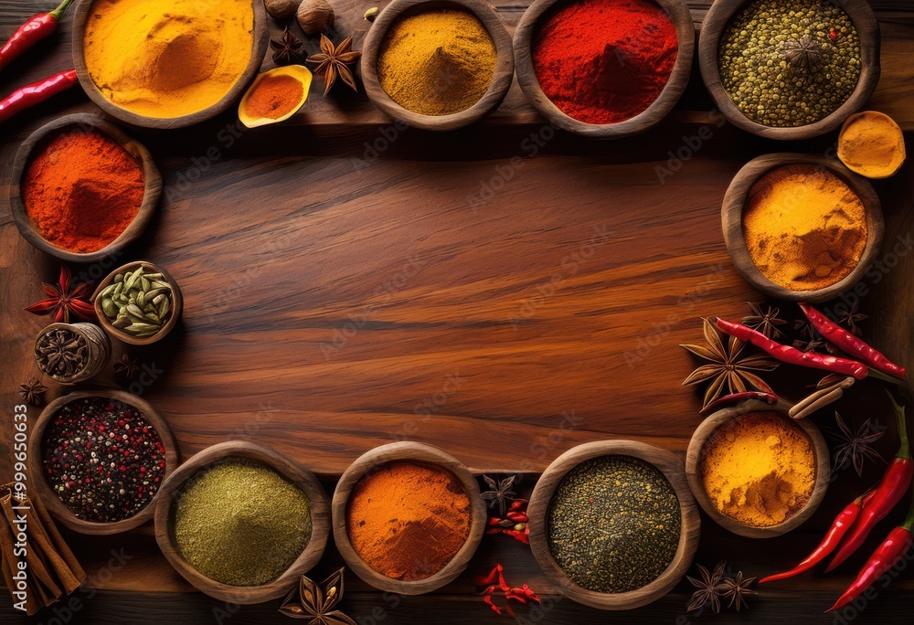 colorful collection vibrant spices artfully arranged rustic wooden cutting board displaying variety rich hues textures, aroma, basil, black, chili, cumin colorful collection vibrant spices artfully arranged rustic wooden cutting board displaying variety rich hues textures, aroma, basil, black, chili, cumin