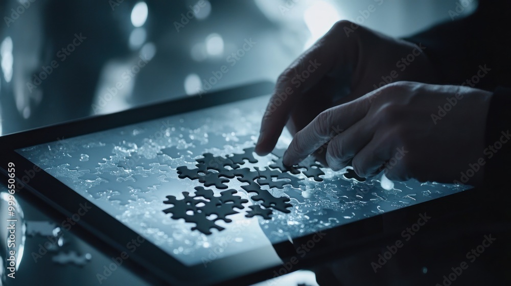 A person assembling a digital puzzle on a touchscreen device. A person assembling a digital puzzle on a touchscreen device.