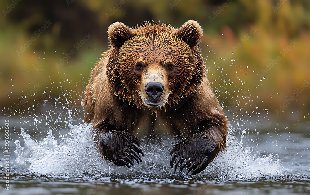 Fototapeta premium Raging Grizzly Bear: Intense Water Sprint Towards Camera