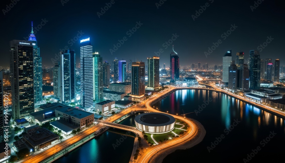 Fototapeta premium Vibrant cityscape at night illuminated by colorful lights and reflections on the water