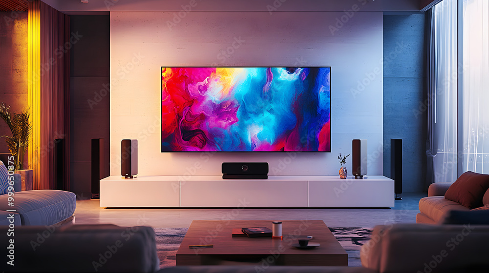 © john - Modern room design with a large flat screen TV and a colorful image.Modern room. © john - Modern room design with a large flat screen TV and a colorful image.Modern room.