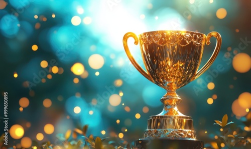 golden trophy award bokeh soft blue background