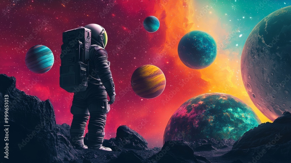 Naklejka premium Astronaut exploring colorful alien planets in a vibrant cosmic landscape.