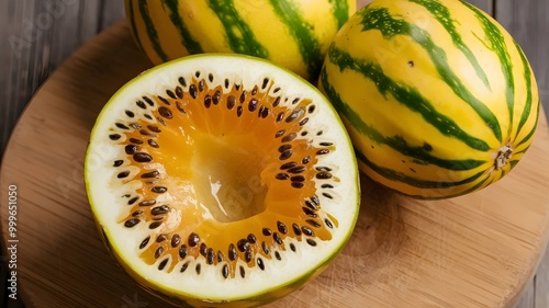 Kiwano Fruit with Yellow and Green Striped Skin on Wooden Board photo