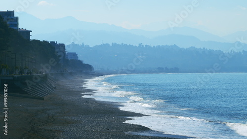 Scenic Lanscape On The Beach Against The Backdrop Of The Mountains. Real time.